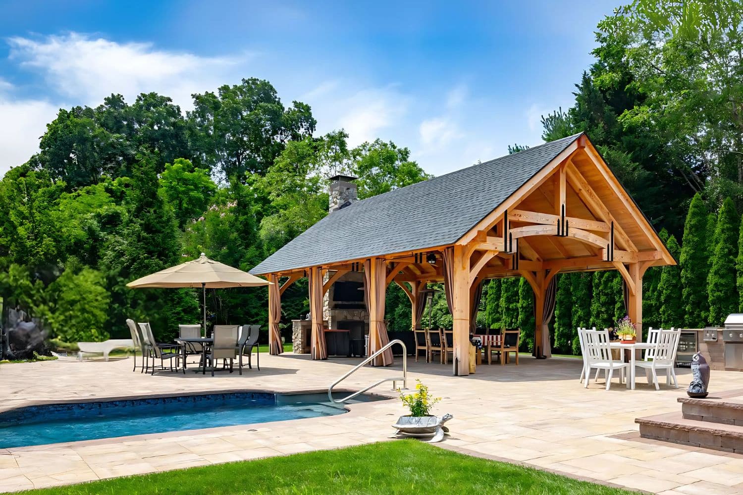 Grand Teton timber frame pavilion with lowered chord roof by Waterloo Products serving Delaware and Maryland