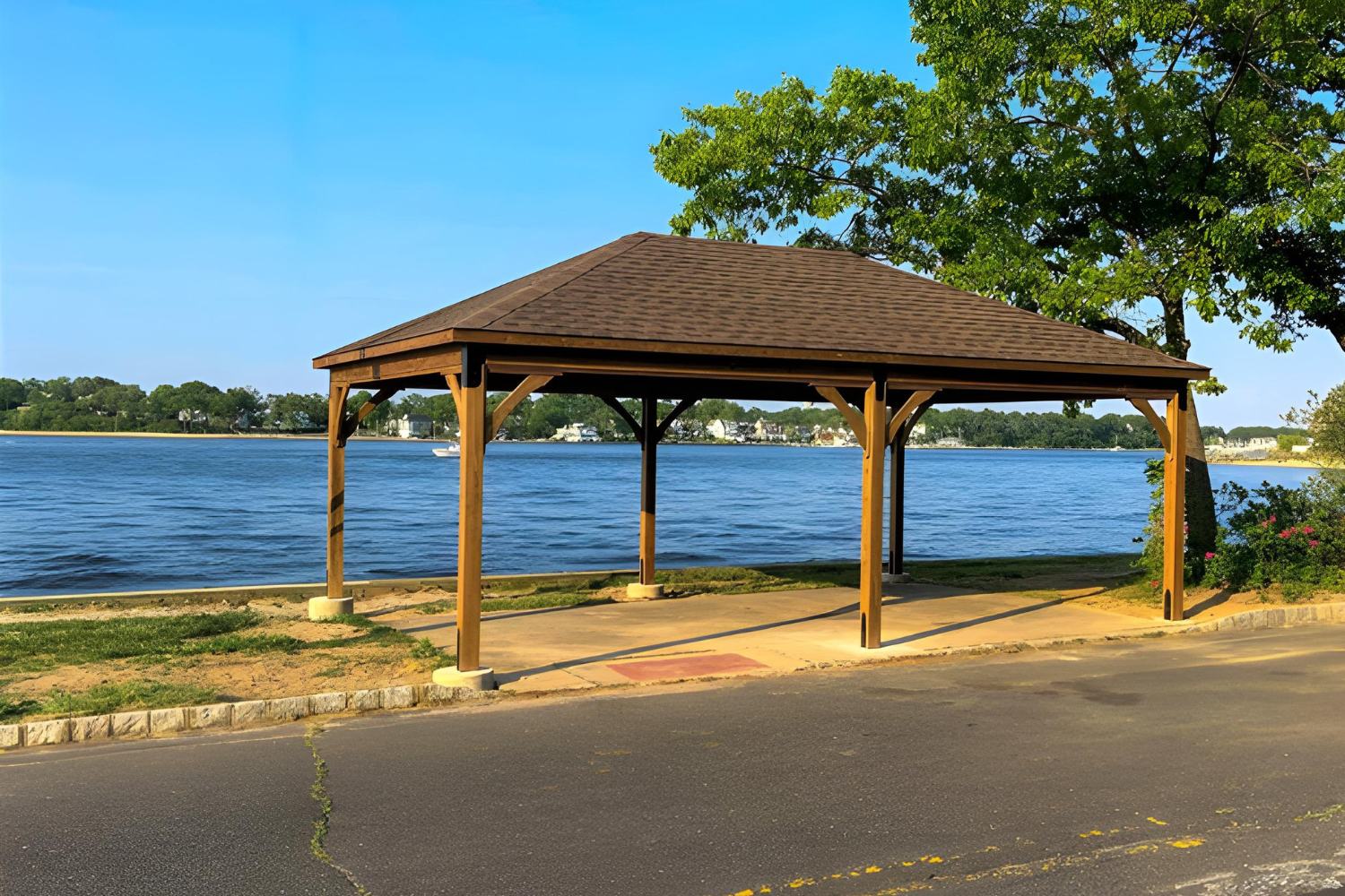 Lakefront natural wood pavilion with post-and-beam design by Waterloo Products in southeastern PA