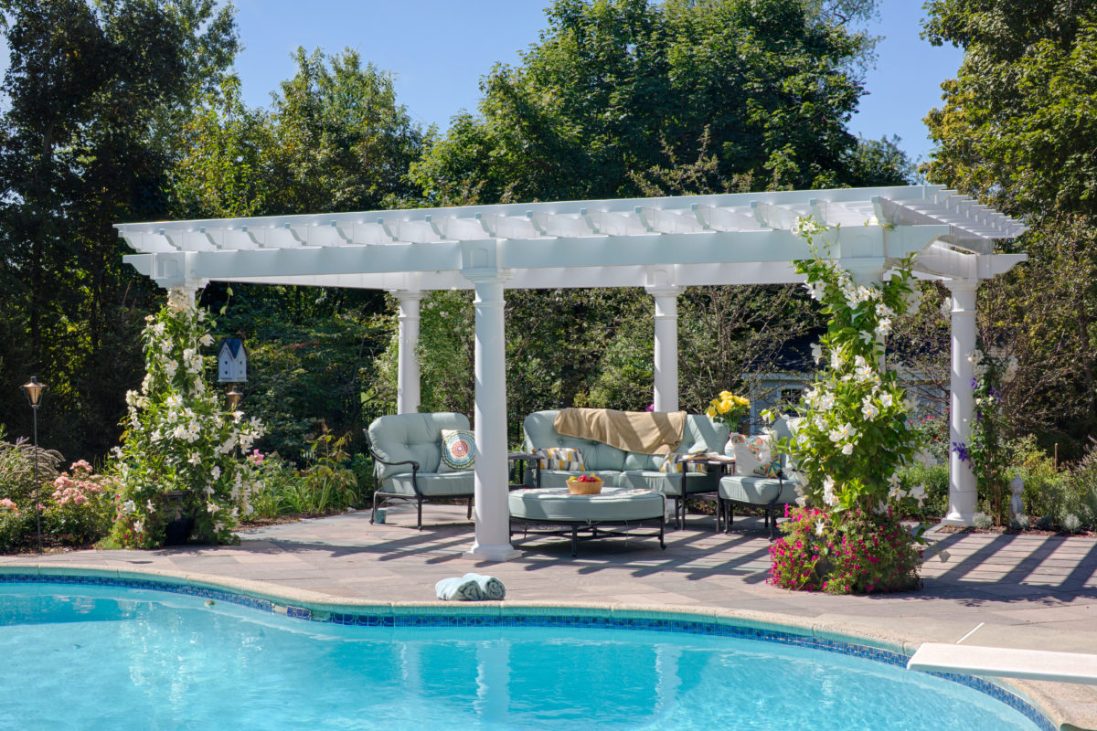 White vinyl artisan pergola from Waterloo Products serving PA DE NJ MD